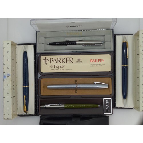 406 - Selection of Parker pens, including 14ct gold nibbed Junior, 14ct gold nibbed Slimfold, Rialto fount... 