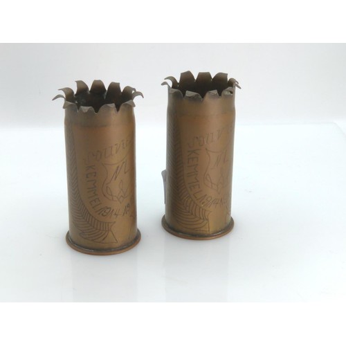 409 - Pair of WWI trench art shells, engraved Souviener Kemmel, Belgium 1914-1919, height 9cm... 