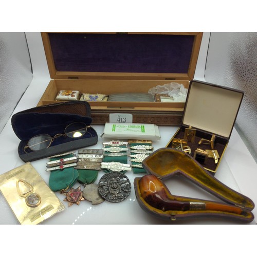 413 - Box of collectables inc. HM silver brooch, Grey & co. Chester 1911; British Safe Driving Competi... 