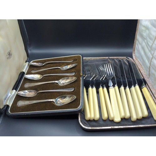 340 - Silver plated serving dish with lid and two boxed sets of spoons and fish cutlery.