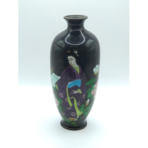 438A - Japanese cloisonné vase, early 20th century, decorated to the front with a geisha, on a dark blue gr... 