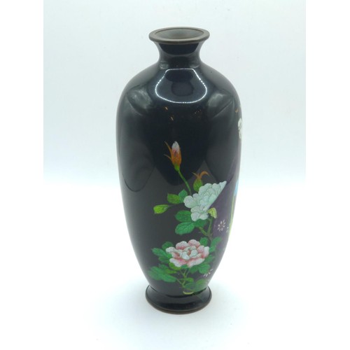 438A - Japanese cloisonné vase, early 20th century, decorated to the front with a geisha, on a dark blue gr... 