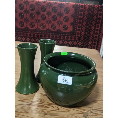 349 - Bourne Denby green planter with a pair of matched vases