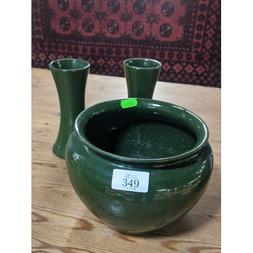 349 - Bourne Denby green planter with a pair of matched vases