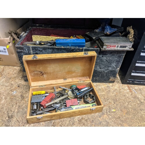 153 - Wooden engineers chest/tool box full of engineering tools, inc. tap & die sets, Ellipse Magnet c... 