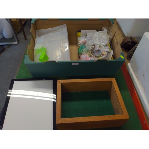 104 - Jewellery making items, inc wooden display case, small plastic containers + beads etc