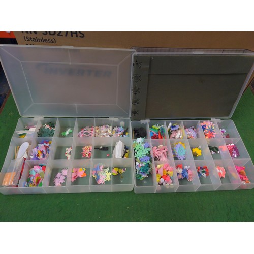 108 - Box with mostly plastic crafting containers some with card making materials Inc paper ribbons, small... 