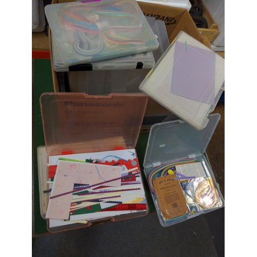 108 - Box with mostly plastic crafting containers some with card making materials Inc paper ribbons, small... 