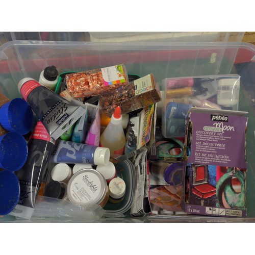 110 - Clear box of craft items inc Pebeo colours for multi surfaces, coloured gels, inks, glue etc