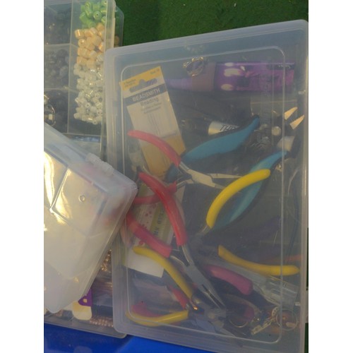 111 - Blue plastic box with jewellery making items and tools inc. pliers, beads etc.