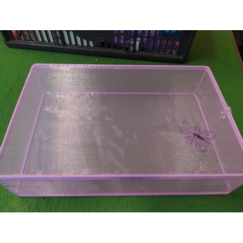 112 - Pink plastic crate with craft items inc embossing plates, card Etc..