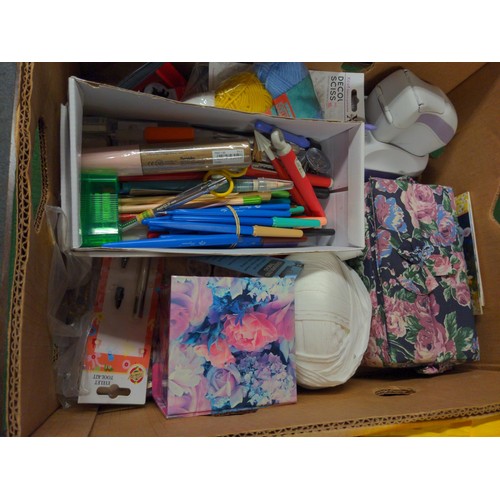 138 - Bag of fabric + box of various craft items inc threads, hole punch, Oxyron Printer etc