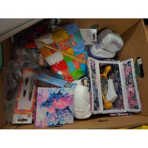 138 - Bag of fabric + box of various craft items inc threads, hole punch, Oxyron Printer etc