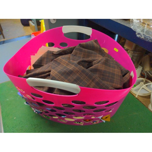 142 - 1 x box and pink wash basket containing various fabrics