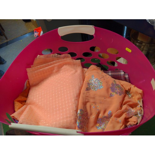 142 - 1 x box and pink wash basket containing various fabrics