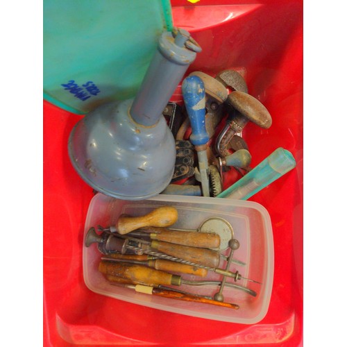 146 - Red plastic box containing various hand tools, inc drills, chisels & riveter + Boxed alarm syste... 