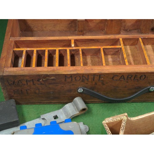 147 - Wooden tool box + small box of various items, Inc gate hinges, drill bits, spanners etc 