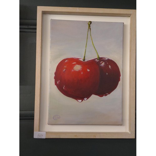 267 - Caz Waters, acrylic on canvas 'Two Bites of the Cherry', framed 34 x 44cm