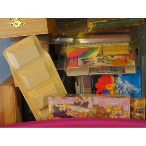 81 - Pink 4 drawer plastic unit with craft contents Inc Acrylic paints, materials/fabric, embroidery fram... 