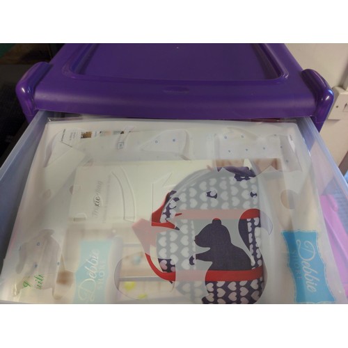 82 - purple 3 drawer plastic unit with craft contents Inc patterns, pens, inks, Pricking tools etc 