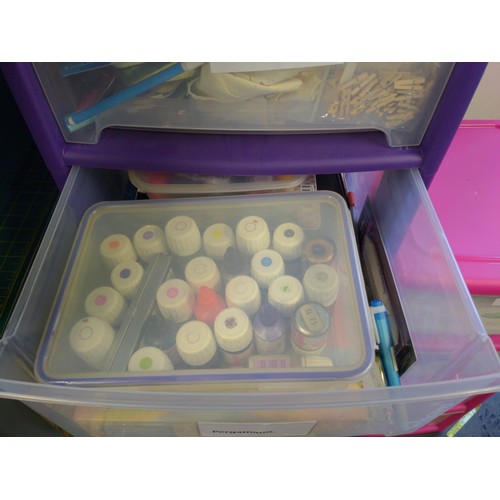 82 - purple 3 drawer plastic unit with craft contents Inc patterns, pens, inks, Pricking tools etc 