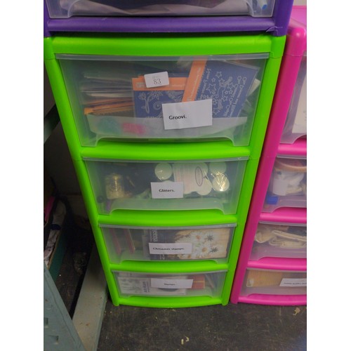 83 - Green 4 drawer plastic unit with craft contents Inc Stamps, glitter, heat gun, Groovi embossing plat... 