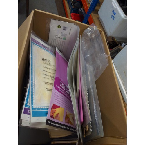 91 - Box of cards, papers, Buddy board, cutting board, pens, etc