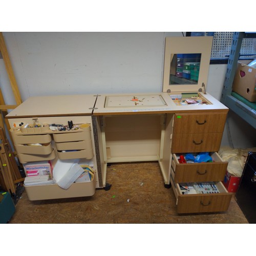 97 - Horn collection Sewing machine/desk Table with Contents/accessories Inc Threads, Ribbons etc