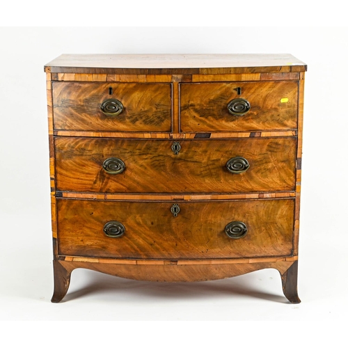 650 - C19 bow fronted 2 over 2 chest of drawers, with shaped apron on splayed feet. W90cm D50cm H87cm