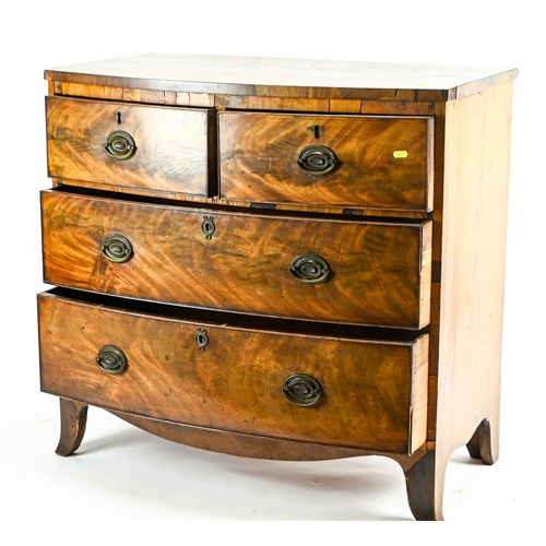 650 - C19 bow fronted 2 over 2 chest of drawers, with shaped apron on splayed feet. W90cm D50cm H87cm