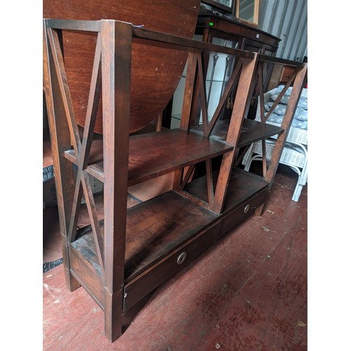 725 - Laura Ashley chestnut shelf unit with lower drawers. (Shelf has been cut down so areas need refinish... 