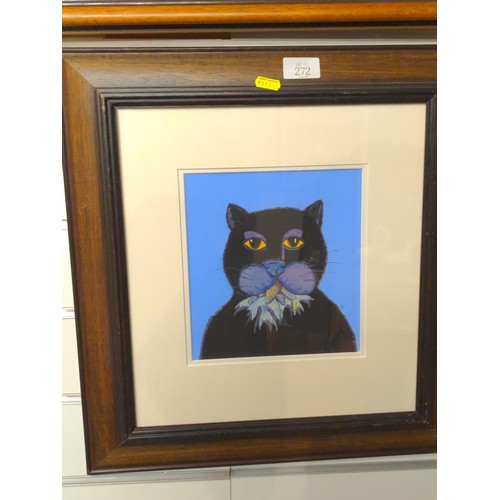 272 - Framed painting of a greedy cat. 44cm x 46cm overall.