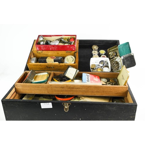 582 - Wooden case containing watch parts etc. with vintage tins.