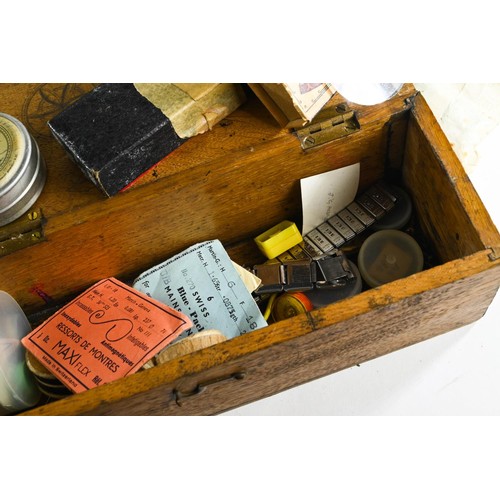 582 - Wooden case containing watch parts etc. with vintage tins.