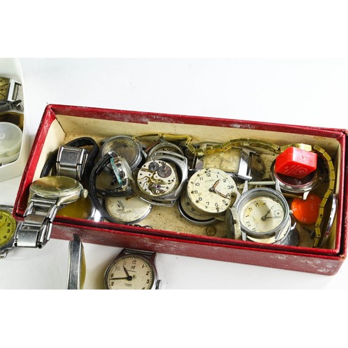 582 - Wooden case containing watch parts etc. with vintage tins.