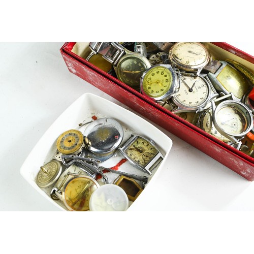 582 - Wooden case containing watch parts etc. with vintage tins.