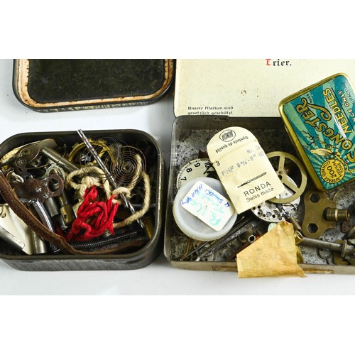 582 - Wooden case containing watch parts etc. with vintage tins.