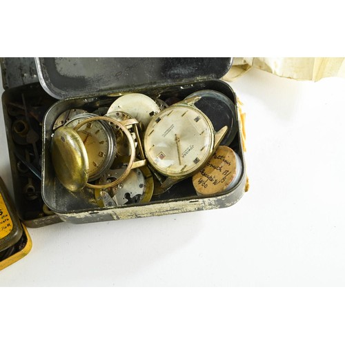 582 - Wooden case containing watch parts etc. with vintage tins.