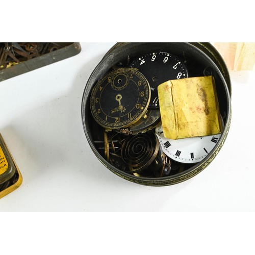 582 - Wooden case containing watch parts etc. with vintage tins.