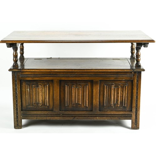 647 - Monks bench with storage area to base and lift up table top and carved detail to front W116 x D50cm ... 