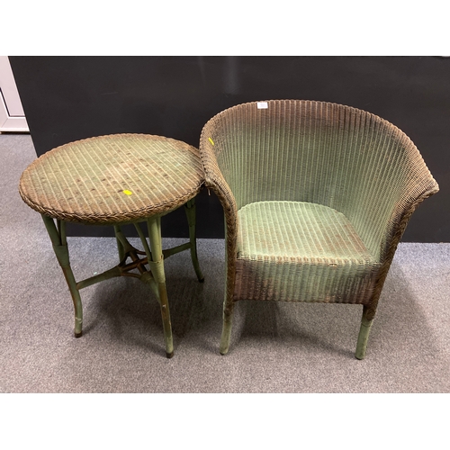 707 - Lloyd Loom chair and side table. Chair is marked, May 39. Both in Green. Table dimensions Dia, 51 H ... 