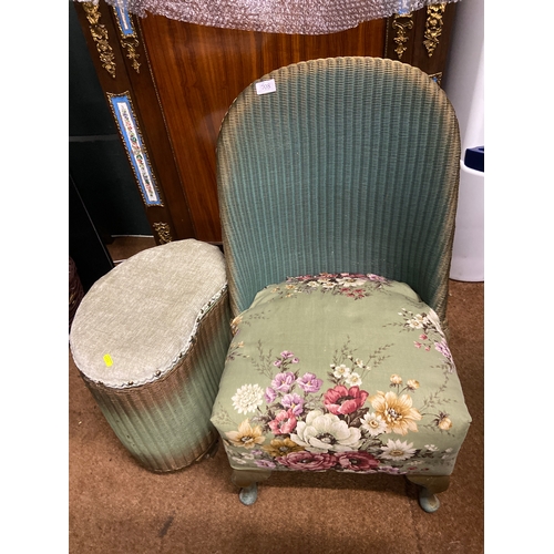 708 - Lloyd Loom bedroom chair and laundry basket with lid/seat in green. 