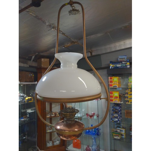 583 - Large hanging brass, copper and glass oil lamp.