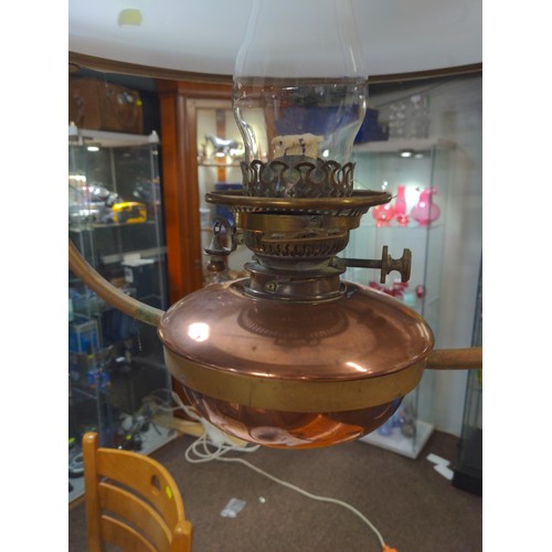 583 - Large hanging brass, copper and glass oil lamp.