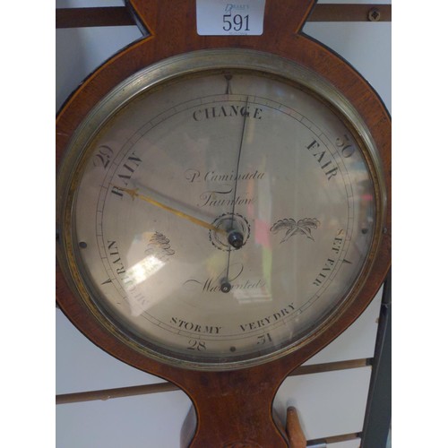 591 - Banjo barometer Warranted in Taunton by P.Caminada with inlay to some areas