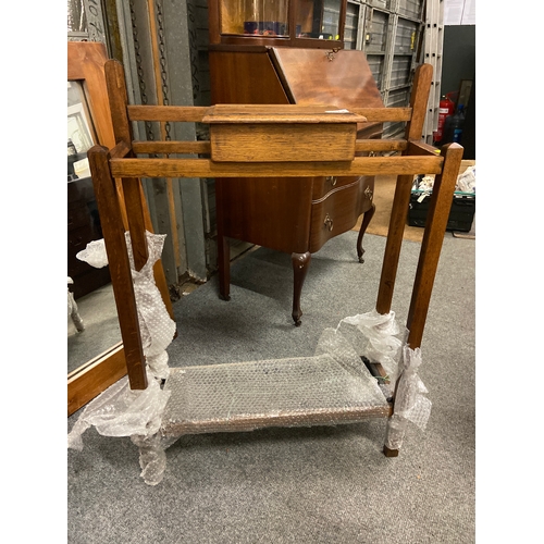 710A - Oak Edwardian hall stand with lidded storage box and original metal drip tray to base. W66 D20 H95cm