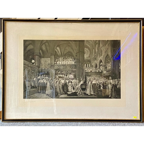 251 - Large framed monochrome print of a signed Kings crowning.