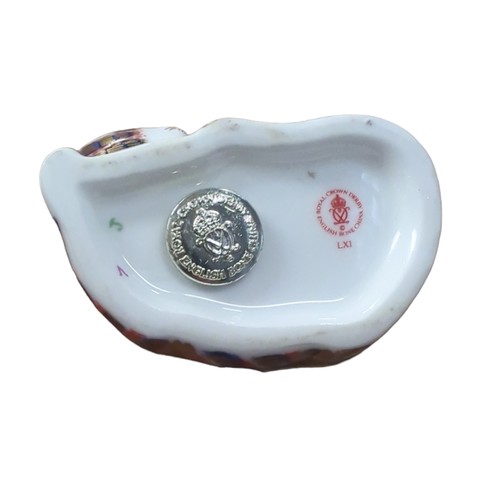 311 - Royal Crown Derby sleeping cat paperweight, with silver stopper, length 80mm