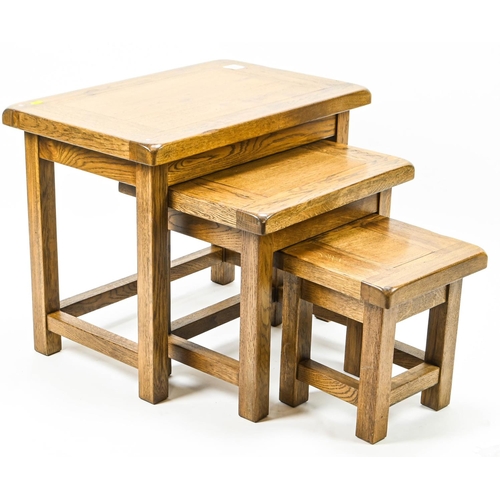 398 - Nest of 3 chunky hardwood tables. Largest W65cm D42cm H52cm