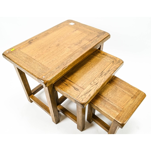 398 - Nest of 3 chunky hardwood tables. Largest W65cm D42cm H52cm